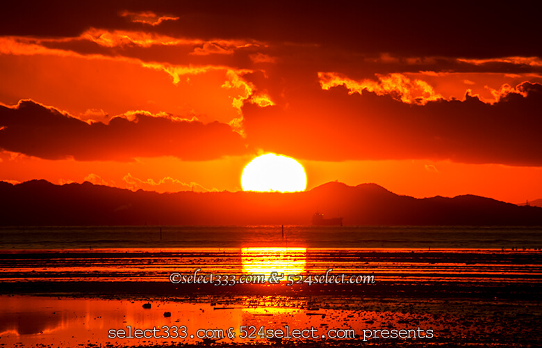 東京湾江川海岸の夕焼け・夕日の美しい干潟のある木更津の浜辺！海に落ちる夕日の光